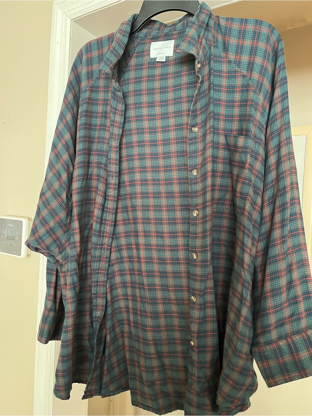 American Eagle Outfitters Plaid Button-Down Shirt in Teal and Red